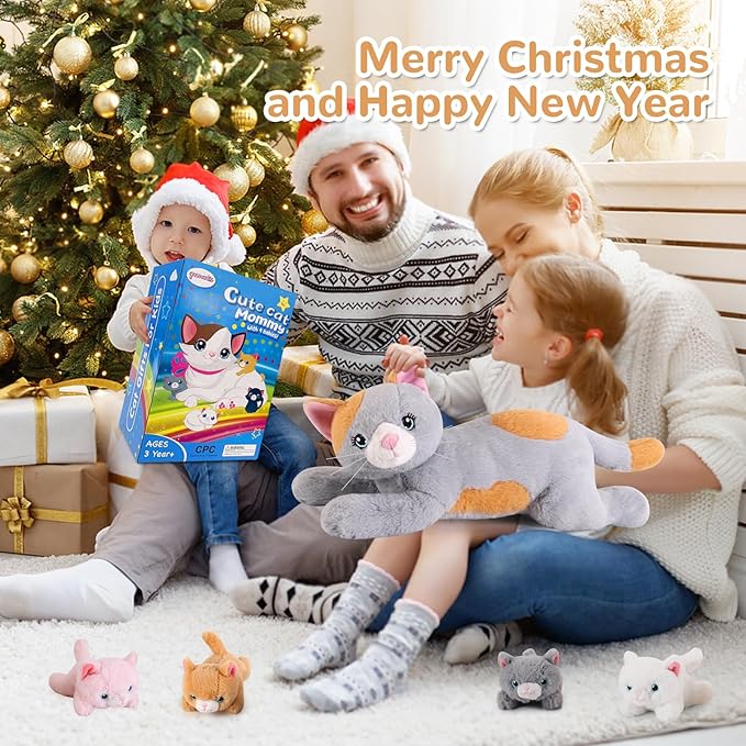 5 Pieces Cat Stuffed Animals with Babies Inside Belly - 1 Mommy Stuffed Cat with 4 Kittens - Stuffed Kitty Plush Toys for Kid Age 3-8, Gift Ideal for Christmas, Valentine's, Birthday (Grey)