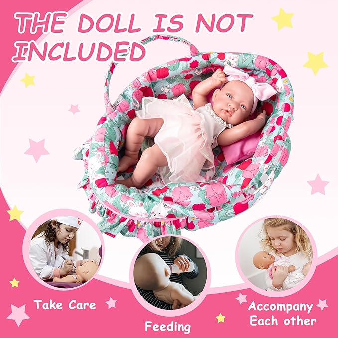 Doll Carry Cot Set, Soft Doll Carrier Basket Bassinet Includes 1 Cot and 1 Pillow, Rose Rabbit Doll Bassinet, Fits for 18-inch American Girl Dolls