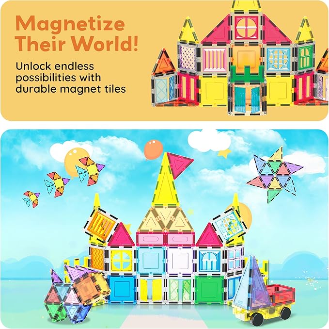 PicassoTiles Magnetic Tiles 61pc Magnet Tile Building Blocks Construction Sensory Toy Set with Storage Carry Case Drawstring Bag STEM Kids Learning Educational Pretend Play Boy Girl Ages 3+ & Up PT05
