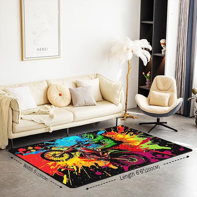 Erosebridal Motocross Rugs for Boys Girls, Motorcycle Racer Area Rug 5x6'6'', Extreme Sport Tie Dye Dirt Bike Motor Vehicles Biker Carpet for Bedside for Kids Car Game Decorative Rug