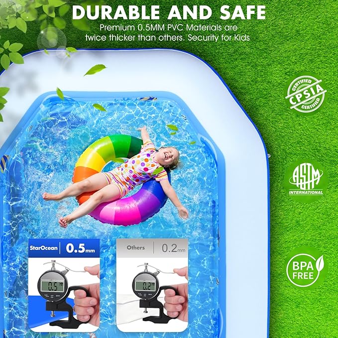 Inflatable Pool with Canopy, Large Inflatable Swimming Pool for Kids,Adult, Blowup Pools with Seats,Backrest.Durable Thickened 126"x75"x25"Inflatable Family Pools for Backyard,Blue
