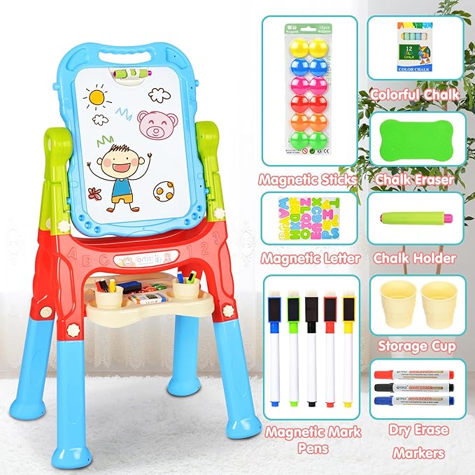 Amagoing Easel for Kids, Adjustable Standing Art Easel for Toddler, Double Magnetic Drawing Board with Painting Accessories, Gift for Little Boys and Girls Age 3 4 5, Blue