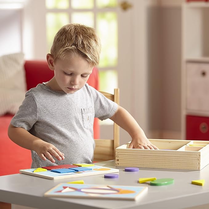 Melissa & Doug Beginner Wooden Pattern Blocks Educational Toy With 5 Double-Sided Scenes and 30 Shapes