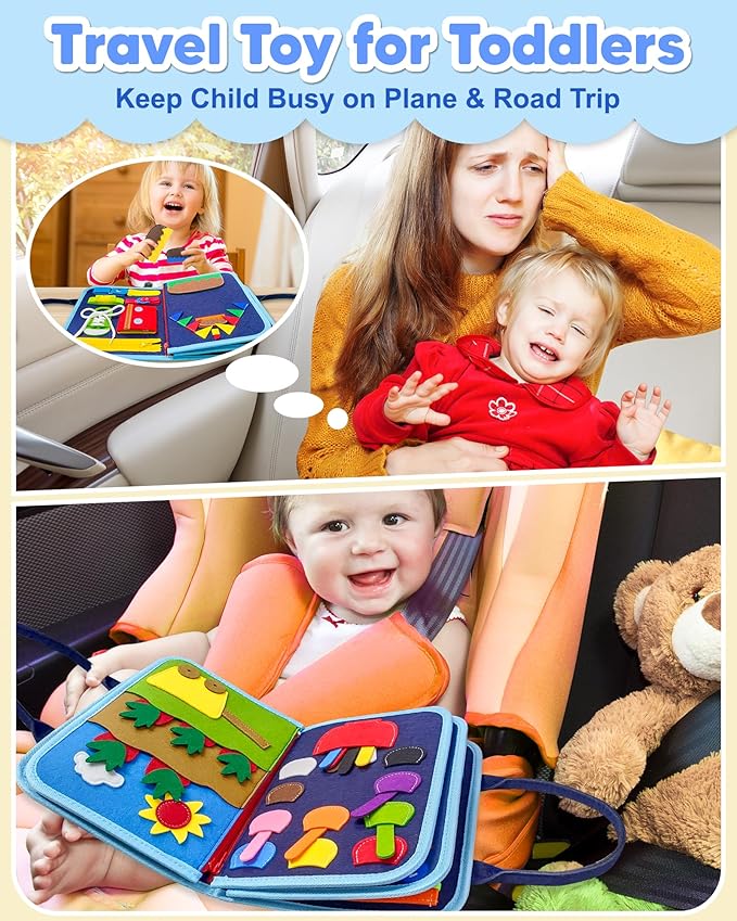 Exorany Busy Board Montessori Toys for Toddler Boy Birthday Gifts, Busy Book Sensory Learning Toys for Toddlers, Toddler Boy Airplane Car Travel Toy Educational Activities