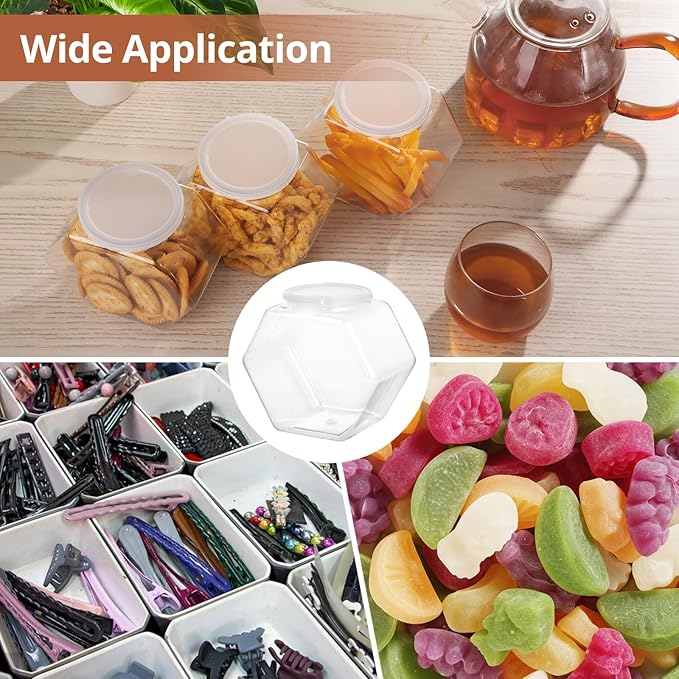 6 PCS Hexagon Plastic Jars, Clear Cookie Jars with Airtight Lids, Candy Jars, Wide Round Mouth Snacks Dog Food Candy Containers, Reusable Coffee Candy Display (30oz)