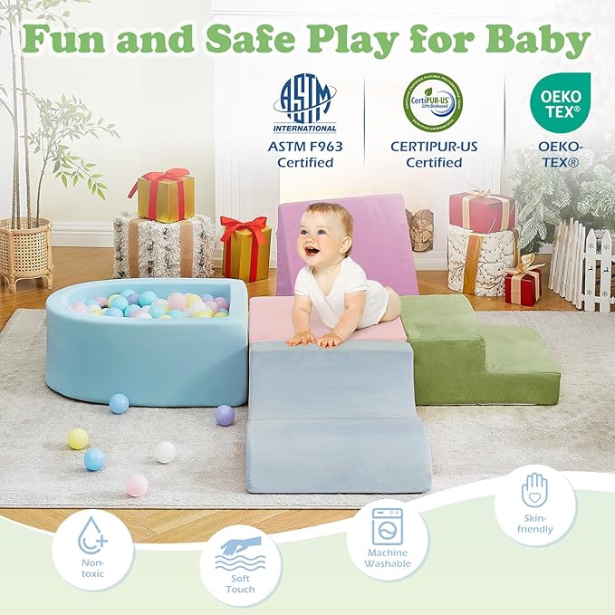 5-Piece Climbing Toys for Toddlers, Toddler Climbing Toys Indoor with Foam Ball Pit (Balls not Included), Soft Foam Climbing Blocks Set Indoor Play Gym for Crawling and Sliding