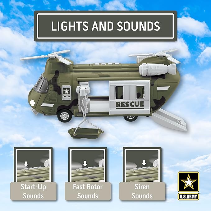 Lollipop United States Army Helicopter Toy, Military Rescue Copter w/Lights, Sound & Accessories, Soldier Transport Aircraft Model, 3+