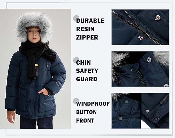 maoo garden Boys Puffer Winter Coat Big Kids Heavyweight Sherpa Lined Fur Hooded Jacket Water-Resistant Snow Parka