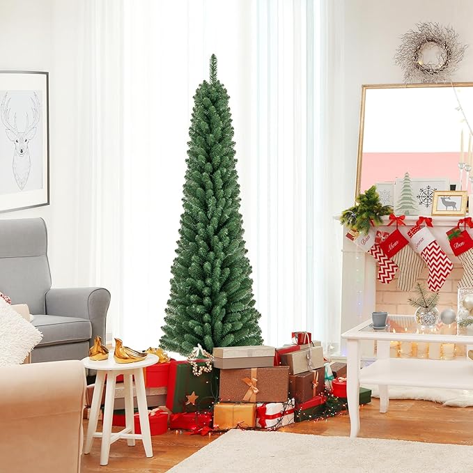 GOFLAME 6FT Pencil Christmas Tree, Slim Artificial Xmas Tree with 392 Memory Wire Branch Tips & Upgraded Metal Stand, Seasonal Holiday Decoration Tree for Home Office Party