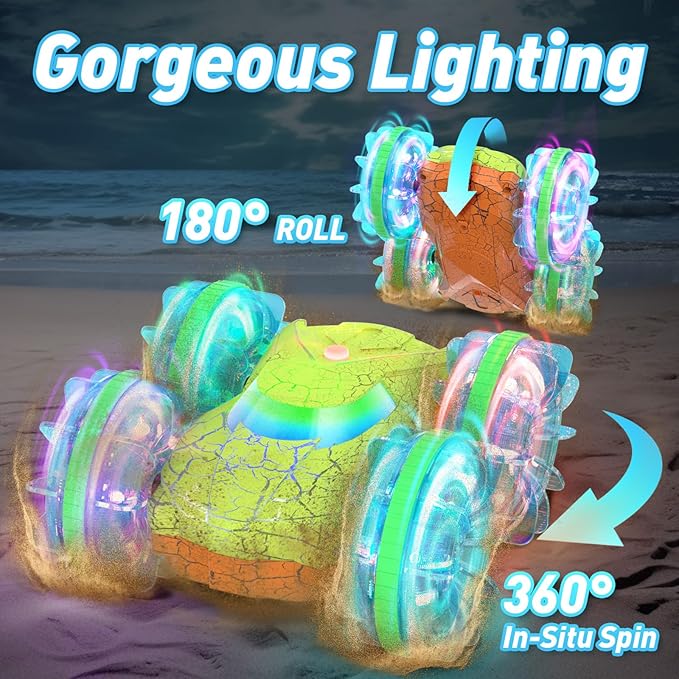 Amphibious RC Car Boat for Boys 5-7, 2.4GHz Remote Control Car with LED Lights, 4WD All Terrain Off-Road Stunt RC Boat, Gesture Sensing Waterproof Pool Beach Toy, for Kids 8-13