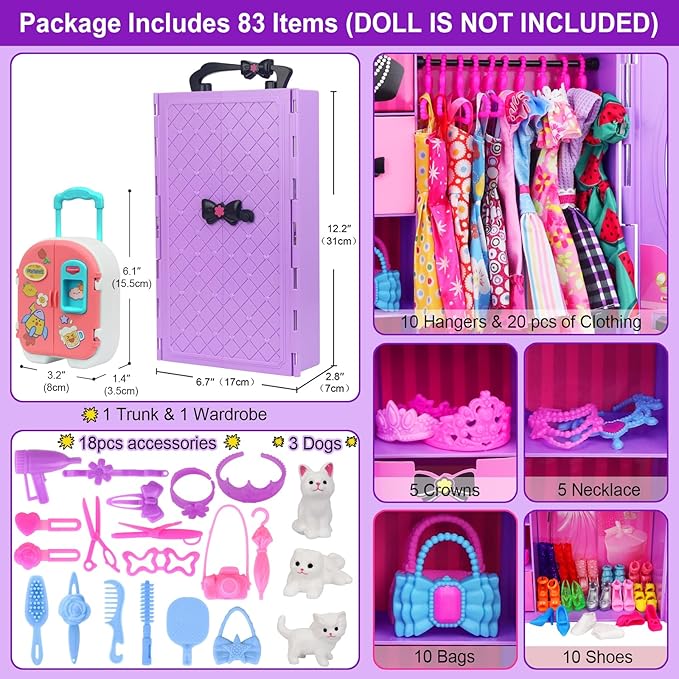 K.T. Fancy 83 Pcs Dolls & Accessories with Purple Closet Wardrobe for 11.5 Inch Doll Dress Up Set Including Wardrobe Shoes, Wallet, Dress Hangers, Brush, Necklace, Pet and Other Accessories