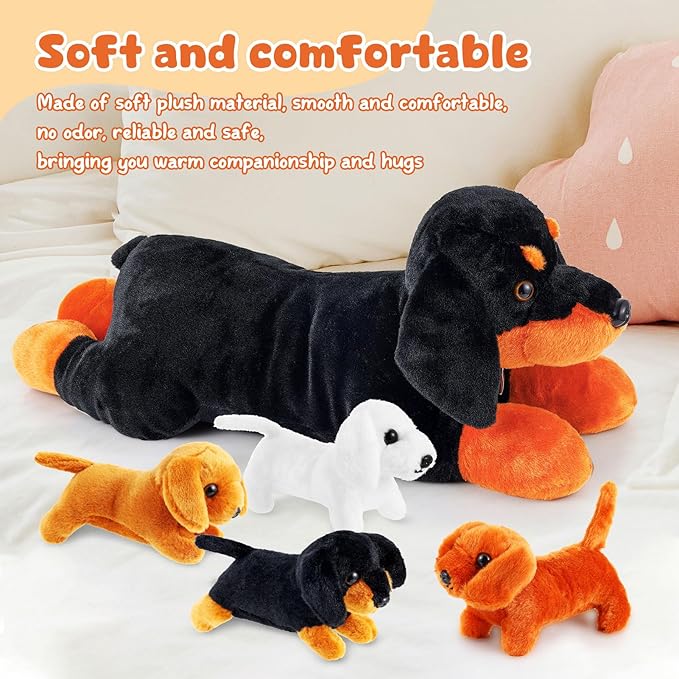 5 Pcs Dachshund Dog Plush Mommy Stuffed Animal with Baby Plush Sausage Dog Soft for Girls Birthday Xmas Bedtime Gift Bed Rest Chair Bolster Nursery Decoration(Lying Dachshund)
