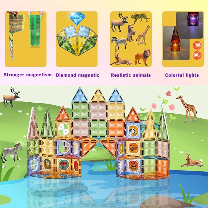 Magnetic Tiles Toys with Farm Animals Magnet Tile Building Blocks with 7 Farmyard Animals Character with Lighting Effect Construction Sensory Toys Preschool Gift for Kids Boys Girls 3 4 5 6 7 8 Years+