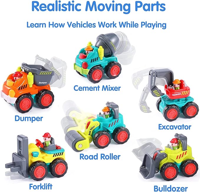 iPlay, iLearn Toddler Construction Toy Trucks, Baby Mini Push Go Cars W/Playmat, Kid Pocket Construction Vehicle, Little Excavator Dump Bulldozer, Birthday Gifts for 6 9 12 18 Month 1 2 3 Year Old Boy