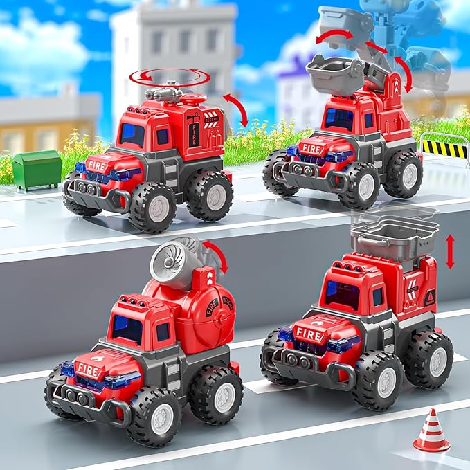 Fire Trucks Toys for Toddlers 3-5, 4 PCS Car Trucks for Toddlers Boys Girls with Flexible Joints, Kids Toddlers Toys for 3 4 5 6 Years Old Boys Girls Birthday Gifts
