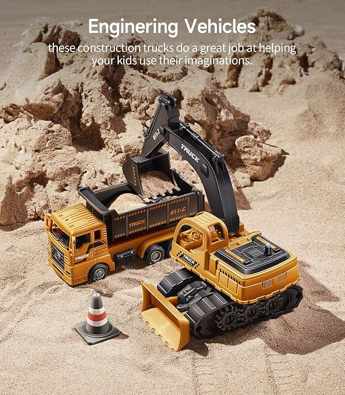 Geyiie Construction Trucks Toys, Kids Construction Vehicles Site, Sandbox Toys Playset for Boys Girls, Pull Back Cars Excavator Tractor Bulldozer Gifts for Party Favor