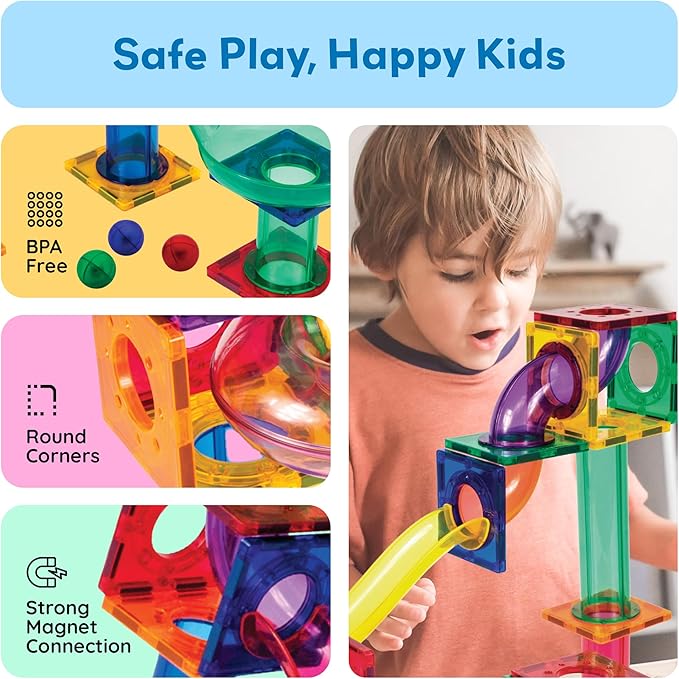 PicassoTiles Magnetic Marble Run Marbles for Kids Race Track Toy Set Marble Maze Sensory Toys for Toddlers STEM Educational Magnet Building Blocks Construction Building Tiles Boys Girls 3+