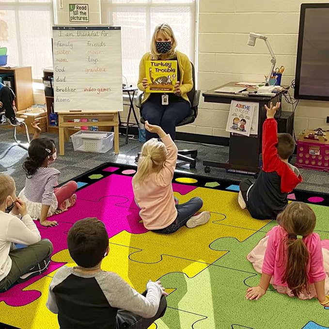 Booooom Jackson Classroom Rug 16 Seats 6'5"x8'5" Colorful Puzzle Seating Preschool Rug with Non-Slip Backing
