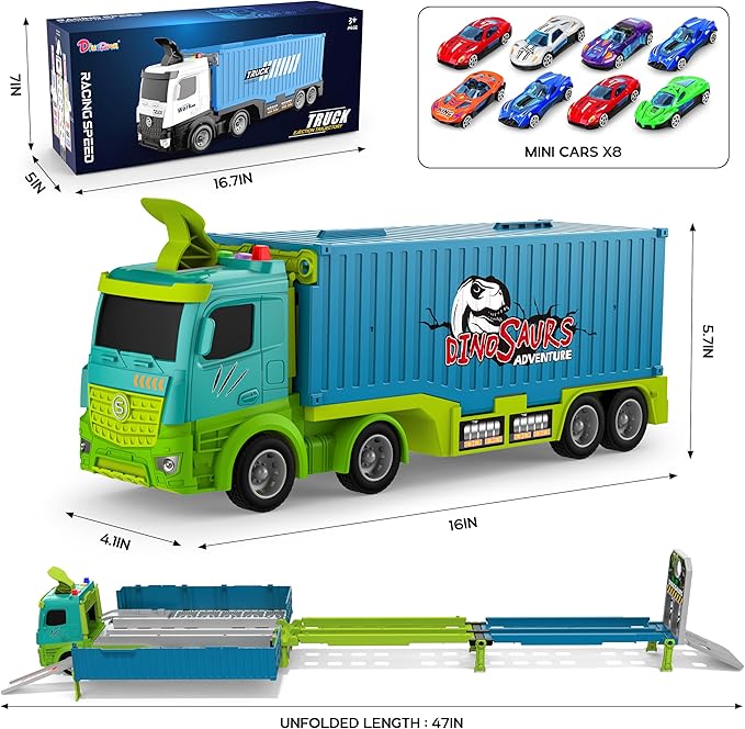 Carrier Truck Race Track Toddler Toys, Foldable 3 Layer Toddler Track Playset, Dinosaur Toy Truck Transport Car Carrier & 8 Race Cars, Truck Car Kids Toy Gifts for Age 3 4 5 6+ Year Old Boys Girls