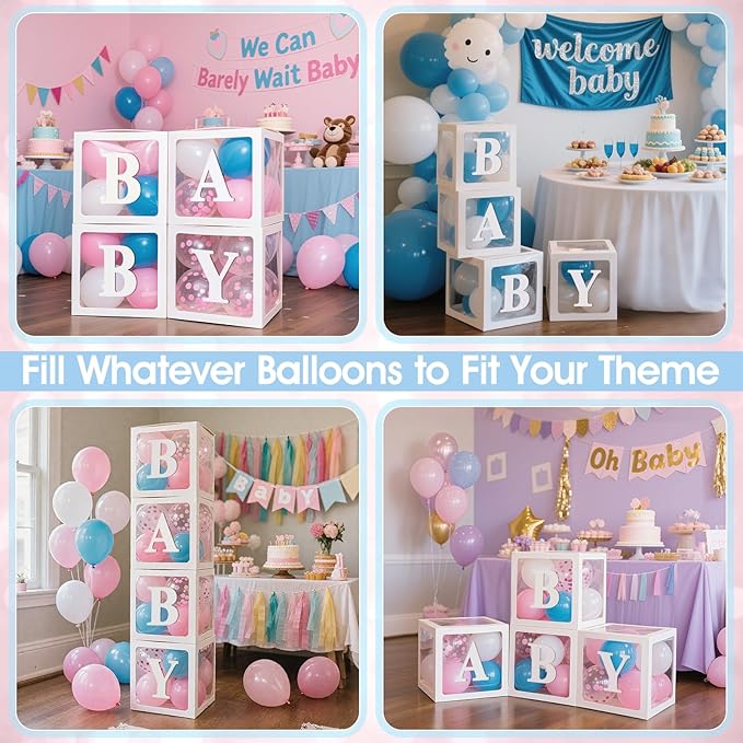 Ledido Baby Boxes with Letters for Baby Shower Decorations with 38 Balloons, 4 pcs Clear Baby Balloon Boxes Blocks for Baby Shower Decor Boy Girl Gender Reveal Decorations Backdrop Party (White)
