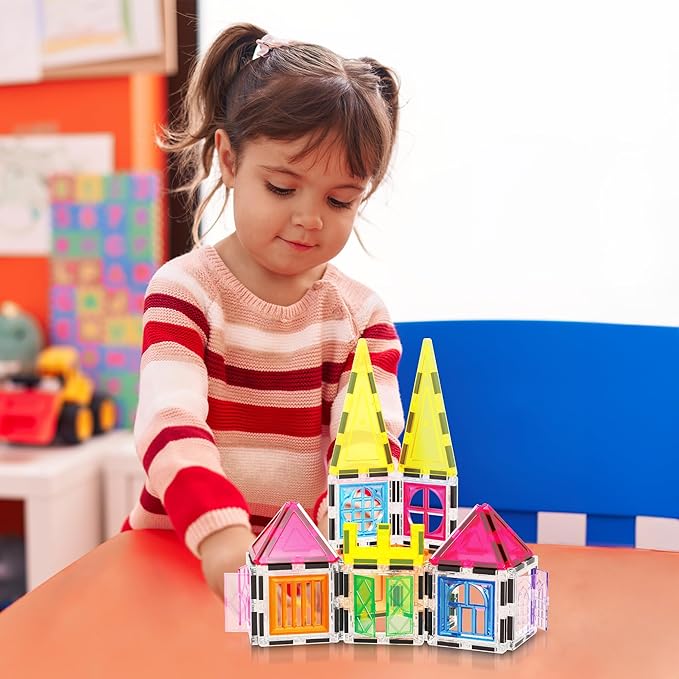 PicassoTiles Magnetic Tiles 61pc Magnet Tile Building Blocks Construction Sensory Toy Set with Storage Carry Case Drawstring Bag STEM Kids Learning Educational Pretend Play Boy Girl Ages 3+ & Up PT05