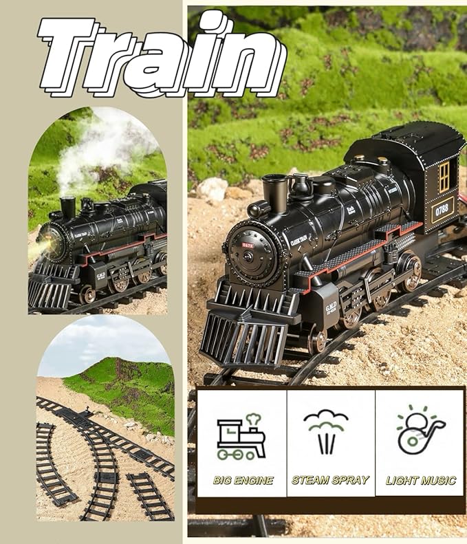 Train Set Train Toys for Kids w/Smokes, Lights & Sound Electric Trains w/Steam Locomotive Train Carriages & Luxury Tracks Model Trains for 3 4 5 6 7 8+