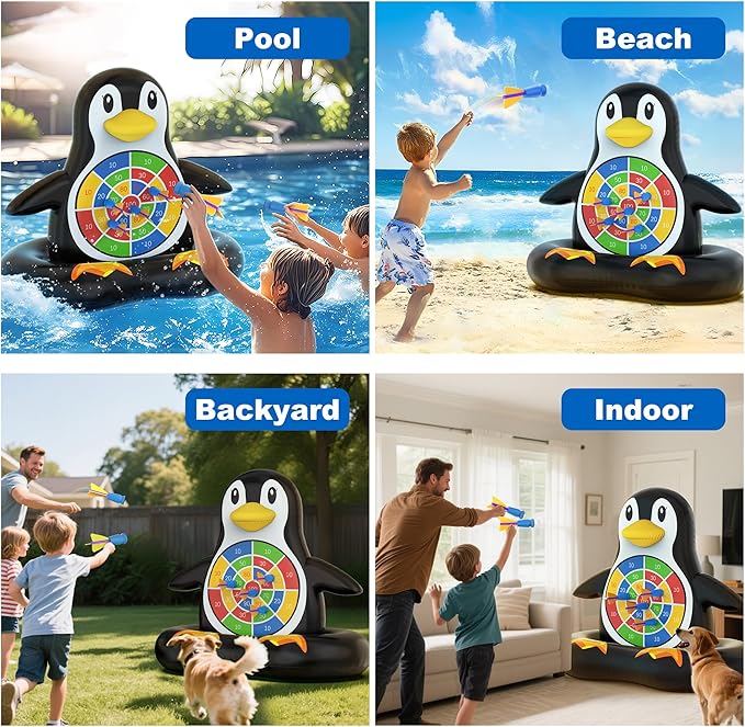 MOONTOY Pool Toys for Kids, Inflatable Penguin Dart Board Game, Pool Games for Beach & Backyard, Summer Water Toys for Boys Girls Ages 6-12, Teens & Adults (Pump Included)