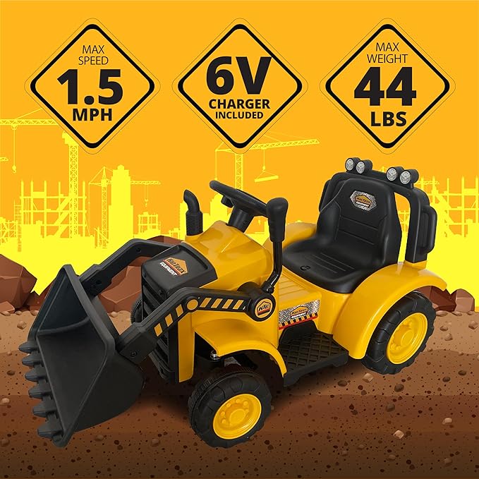 Kid Trax 6V Frontloader Ride-On Toy for Kids, Ages 18-36 Months, Max Weight 44 lbs, Easy Push Button Drive System and Pull Front Bucket Lever, Includes Toy Hard Hat