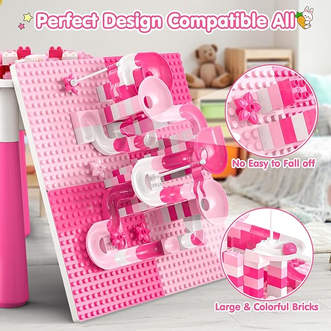 Kids Toddler Table and Chair Set: Water Activity Table With 152Pcs Large Marble Run Building Blocks, 2 Rabbit Chairs, Storage All in One Play Sensory Sand Table - 3-10 Year Old Girl Toys Gifts