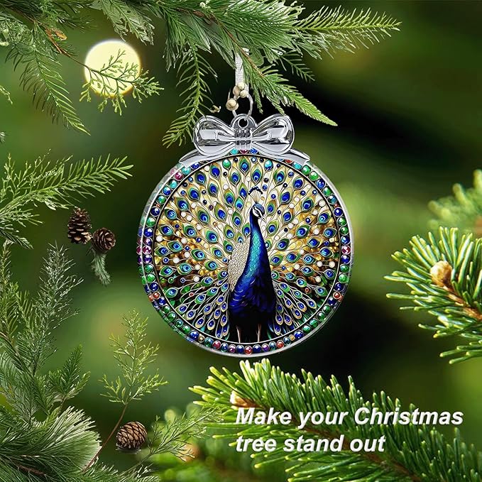 Peacock Stained Glass Christmas Ornament - Hanging Ornaments for Christmas Tree Decorations -Holiday Keepsake Present Exchange Idea