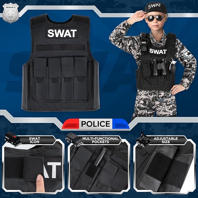 Luucio SWAT Police Officer Costume for Kids, Police Costume for Kids with SWAT Costume, SWAT Vest, Halloween Costume for Boys, Role Play Kit for Boys Girls