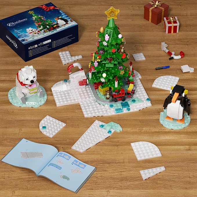 Christmas Tree - Building Toys for Kids, Boys & Girls, Ages 6+, Christmas Tree Buildings Compatible with Lego,with Polar Bear &Penguin Set, Cute Decorative Ornaments for Christmas (802 PCS)