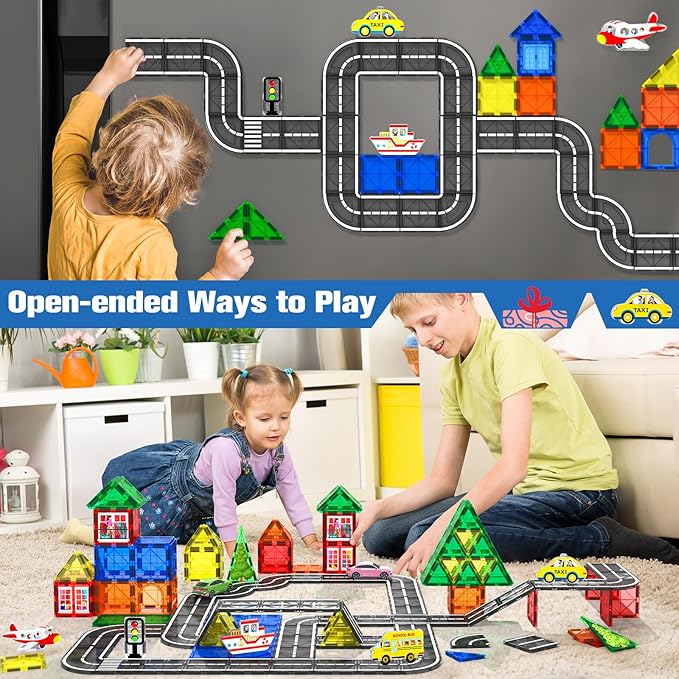 Magnetic Tiles Road Toys for 3+ Year Old Toddler, Magnetic Blocks Building for Kids Ages 3-5 5-7 Girls Boys, STEM Montessori Sensory Toys, Classroom Must Haves