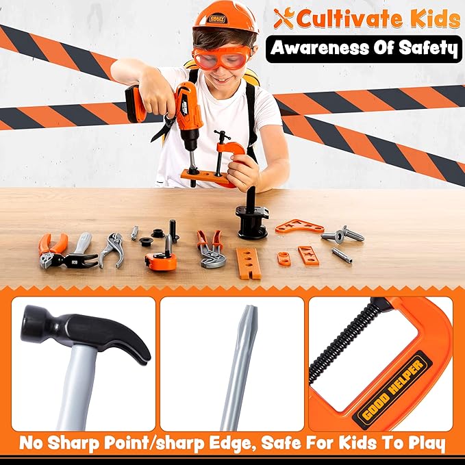 JOYIN 32PCS Kids Tool Set, Pretend Play Toddler Tool Toys with Construction Backpack Costume & Electronic Toy Drill for Boy Girl Halloween Present Birthday Dress Up Party