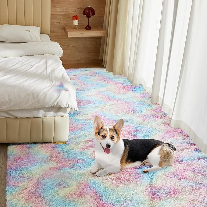 Ultra Soft Rug for Living Room, 8X10 Fluffy Shag Area Rug for Bedroom, Modern Shaggy Carpets Fuzzy Rug for Teens Dorm Nursery Home Decor Aesthetic, Upgrade Anti-Skid Durable, Rainbow