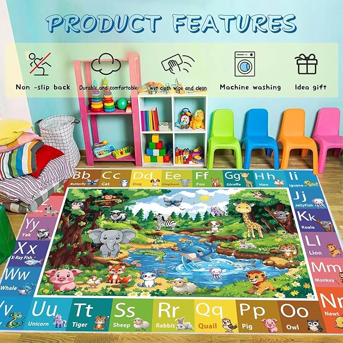 ABC Rug for Kids Room, ABC Baby Mats for Floor Toddlers, Non Silp Alphabet Play Mat Elementary Preschool Kid's Rugs with Animal Illustrations - (59X39.4 Inches)