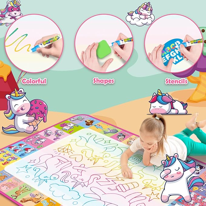 Aqua Water Doodle Mat - Kids Drawing Mat Toddlers Educational Toys for Age 3 4 5 6 7 8 Year Old Boys Girls Gifts - Neon Color Mat Doodle Board Writing Drawing Toys Holiday Christmas Birthday Gifts