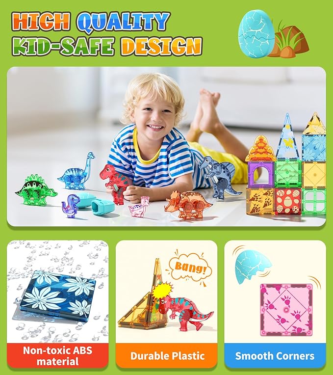 Dinosaur Toys Magnetic Tiles Set - 2 Eggs, 2 Baby Dinos & 5 Large Dinosaurs for Kids 3-5, 105pcs Magnetic Building Blocks for Toddlers 1-3 4-8,Magnet Tiles Educational Toy for Boys Girls