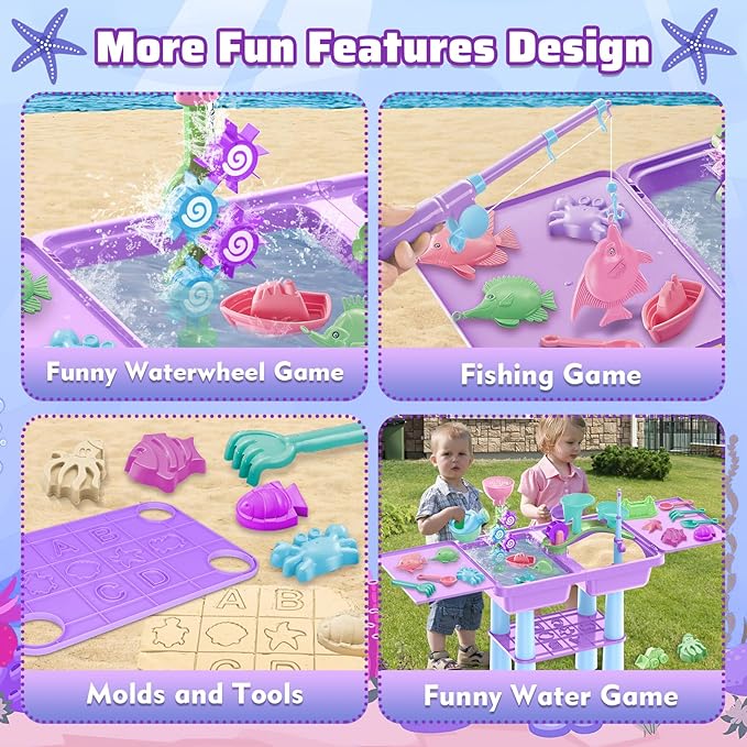 deAO Water Table for Toddlers 3-5, Kids Play Water 2 in 1 Sand and Water Table with 2 Fishing Pool Toys, Summer Outdoor Pool Backyard Toys,Birthday Party Gifts for Boys Girls (Purple)