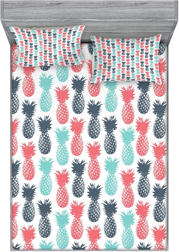 Ambesonne Pineapple Fitted Sheet & Pillow Sham Set, Island Pineapple Tropic Fruit Pattern Stamped Minimal Backdrop Pop Art, Decorative Printed 3 Piece Bedding Decor Set, King, Turquoise White Coral