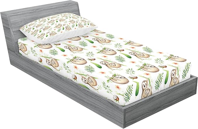 Ambesonne Sloth Fitted Sheet & Pillow Sham Set, Sloth and Mother Soft Colored Flowers Coconut Tree Leaves Happy Family, Decorative Printed 2 Piece Bedding Decor Set, Twinxl, Pale Brown Green