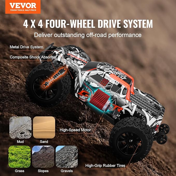 VEVOR Remote Control Car, 1:14 Scale RC for Kids, All Terrain 4WD Off-Road Monster Truck with 45 Wheelie & 2 Batteries, 38 km/h High Speed Hobby Racing - Ideal Gift for 8+ Years Kids