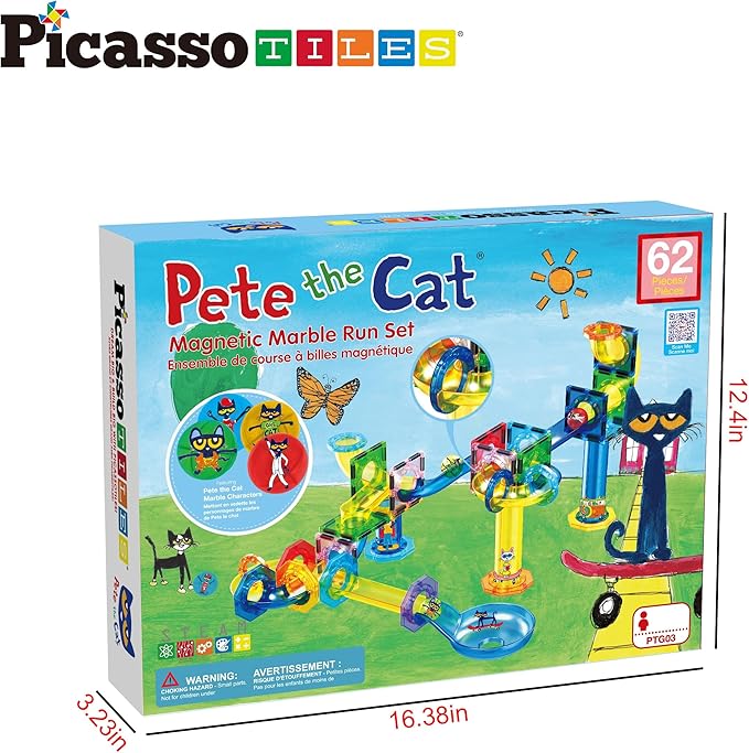 PicassoTiles 62 Piece Magnetic Marble Run Pete The Cat Marble Maze Marbles for Kids Race Track Toy Set Sensory Toys for Toddlers STEM Education Magnet Building Blocks Construction Tiles Boys Girls 3+