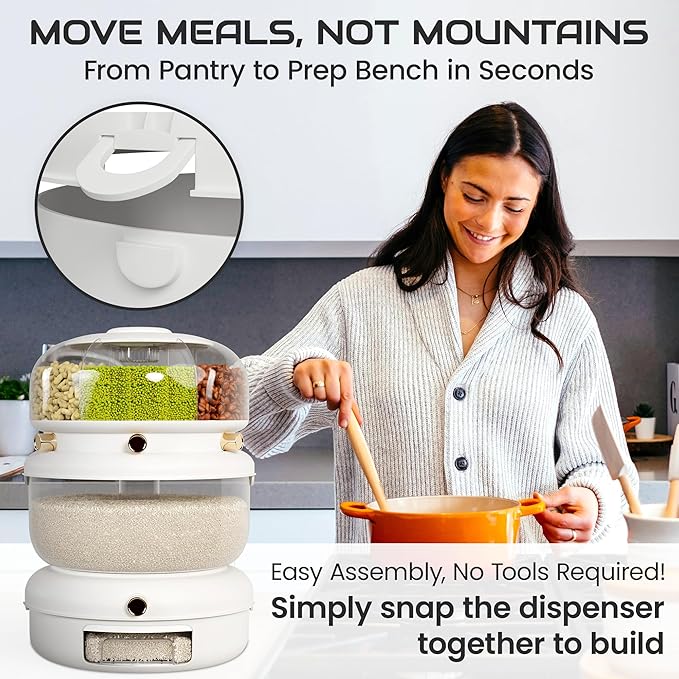Airtight Rice Container Dispenser- Rotating Rice Dispenser with Strainer, 6 Grain Holding Options- Versatile Grain Storage Container for Pantry, Food Bucket for Cereal, Beans, Oatmeal (White)