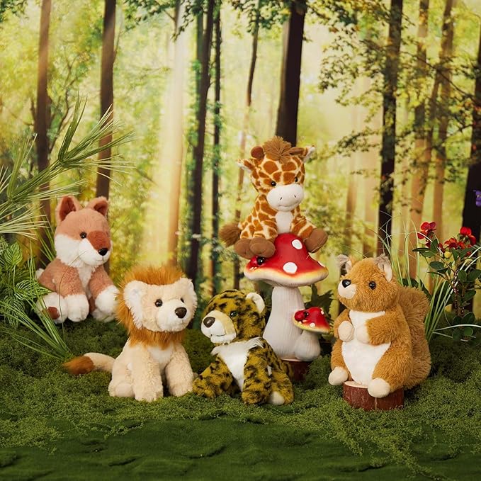 Muiteiur 5 Piece Forest Stuffed Animals,7.1 Inch Cute Jungle Plush Toys, Stuffed Animal Bulk (Tiger,Lion,Fox,Giraffe, Squirrel),Gift for Kids