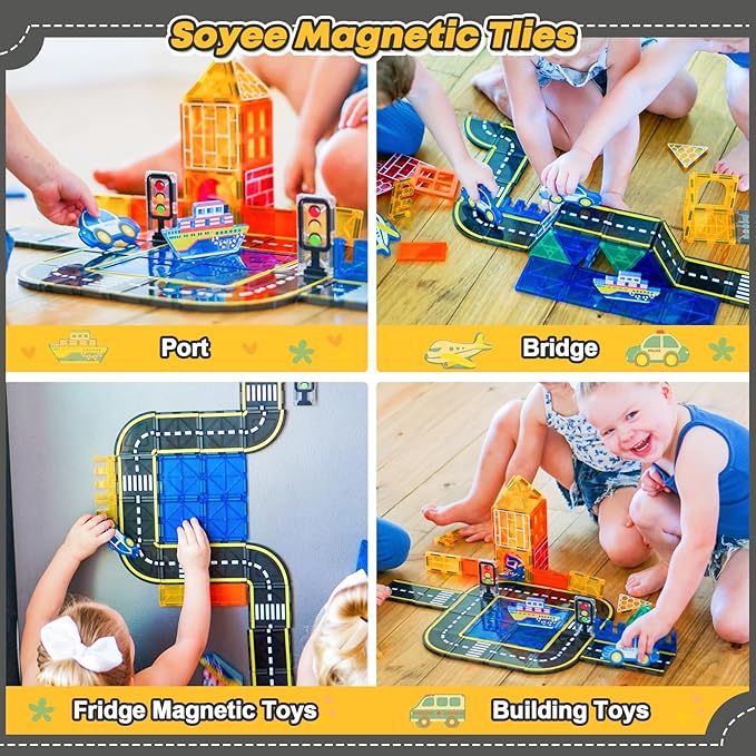Soyee Magnetic Tiles Road Cars Set Magnetic Building Blocks Boys Toys Ages 3 4 5 6 7 8 Sensory Preschool Construction Toddler Toys Gifts for 3+ Year Old Boys Girls
