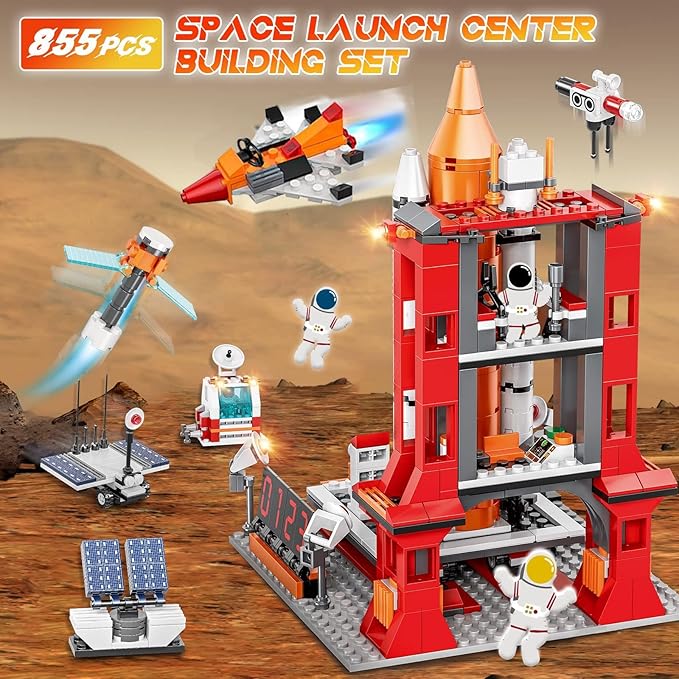 Space Exploration Shuttle Toys, 12-in-1 STEM Aerospace Building Kit Toy, Rocket Building Kit Toy with Launcher, Astronauts, Airplane Rocket, Gift for 6 7 8 9 10 11 12+ Years Old, 855 Pcs