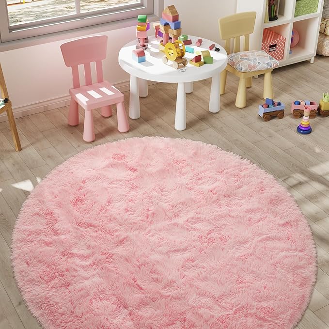 LOCHAS Luxury Round Fluffy Area Rugs for Bedroom Kids Girls Room Nursery, Super Soft Circle Rug, Cute Shaggy Carpet for Children Living Room, 5x5 Feet Pink