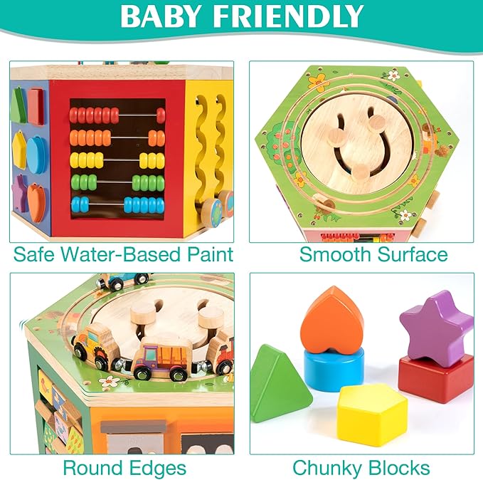 Large Activity Cube, 9-in-1 Farm-Themed Wooden Play Center, Multipurpose Montessori Toy for 1-2 Year Old Baby Toddler Kid, First Birthday Gift | Bonus Magnetic Train Cars