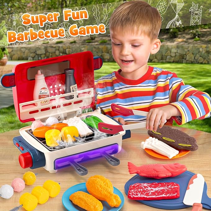 48-Piece Kids BBQ Grill Playset with Lights & Sounds, Spray Food, Role Play Kitchen Accessories, Children's Kitchen Toys, Gift for Boys & Girls Ages 3-6+